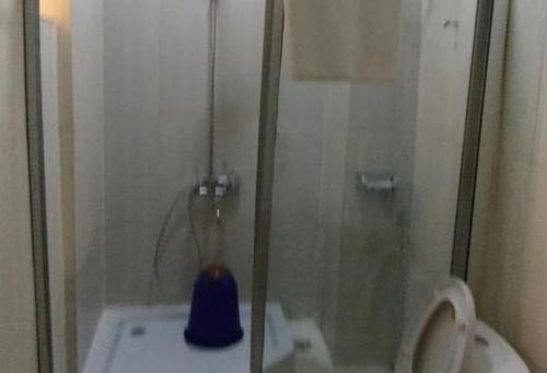 a bathroom with a glass shower with a toilet at Goldenland Hotels - Executive in Asaba