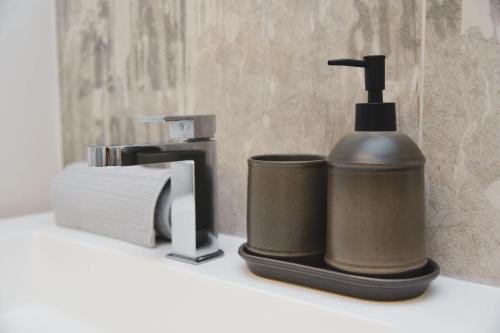 a bathroom sink with a soap dispenser and a roll of toilet paper at Stunning Lake View Apartment by Feel Ticino Feel Home in Melide