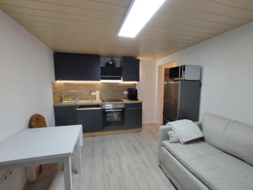 a living room with a couch and a kitchen at Kaiserberg-Apartments "Auf dem Hohenstaufen" in Göppingen