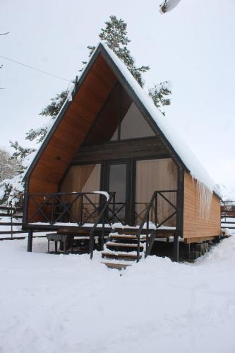 a log cabin in the snow with snow at Forest view kazbegi in Sioni