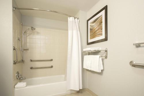 a bathroom with a shower and a bathtub with a shower curtain at Courtyard Austin Airport in Austin
