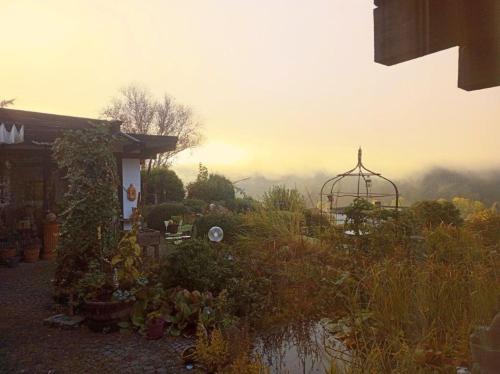 a view of a garden with a view of the mountains at Ferienhaus am Breitenbach-Stausee in Hilchenbach