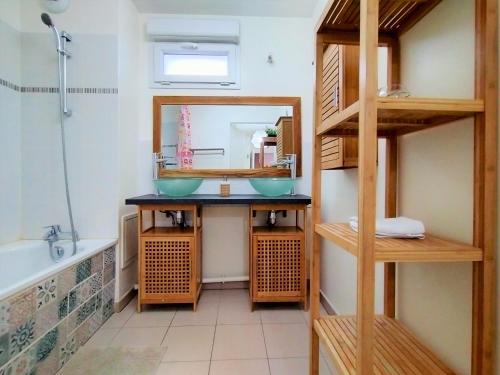 une salle de bain avec un lavabo et un miroir dans l'établissement Chic apart with piano, terrace and parking, à Saint-Denis