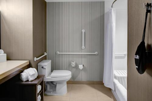 a bathroom with a white toilet and a shower at Courtyard by Marriott Carrollton in Carrollton