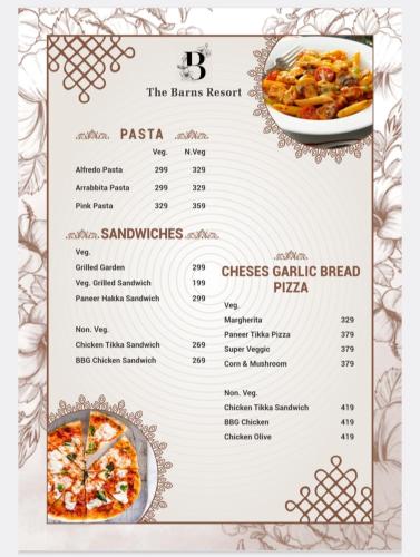 een menu voor het haarrestaurant bij The Barns Resort in Bhīm Tāl