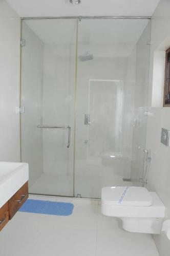 a white bathroom with a shower and a toilet at Amara White Villa in Ahungalla