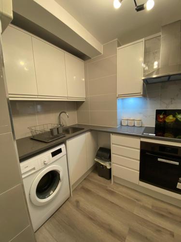 a kitchen with a washing machine and a sink at Contractor Accommodation in Crawley Free Parking WiFi Near Worksites Gatwick Manor Royal 2-Bed Sleeps 4 in Crawley