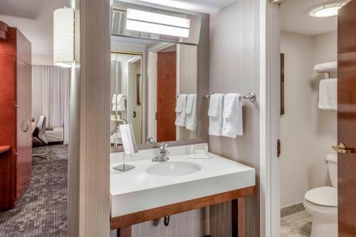 a bathroom with a sink and a mirror and a toilet at Courtyard by Marriot Cranbury South Brunswick in Cranbury