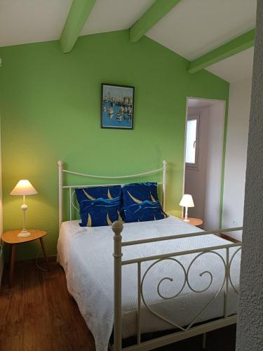 - une chambre avec des murs verts et un lit avec des oreillers bleus dans l'établissement VILLA CITRONNELLE Grande maison 2 chambres avec jardin proche plage - Clim, à Saint Cyprien Plage