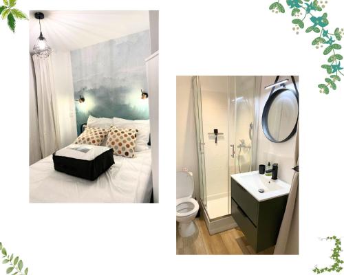 deux photos d'une chambre avec un lit et une salle de bain dans l'établissement t1 bis cosy RDC avec terrasse centre luchon, à Luchon