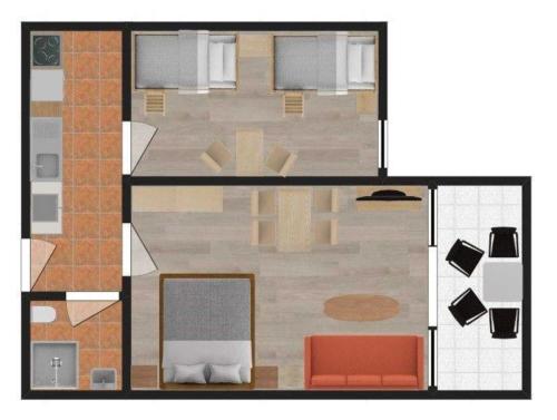 Burgtiefe auf Fehmarn にあるBuhne 6 mit Meerblickの小さなアパートメントのフロアプラン(オレンジ色のソファ付)