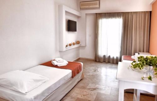 a bedroom with a bed and a table and a window at Hotel Korali in Troulos