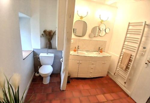 une salle de bain avec toilettes, lavabo et miroir dans l'établissement Domaine d'Ailes - Villa de charme au coeur de la nature avec piscine, à Saint-Florent-sur-Cher