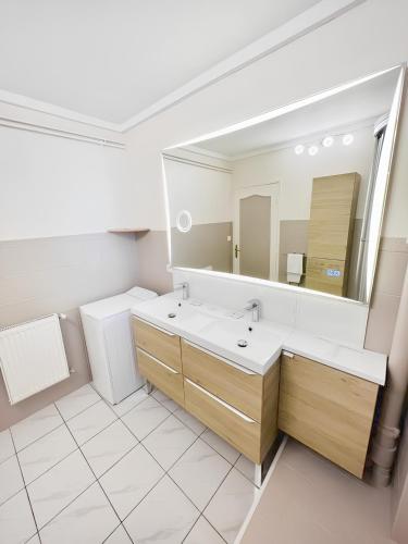 une salle de bain avec un lavabo et un grand miroir dans l'établissement L'Amicale : 80 m², 6 Prs, 3 Ch, Centre ville, à Dijon