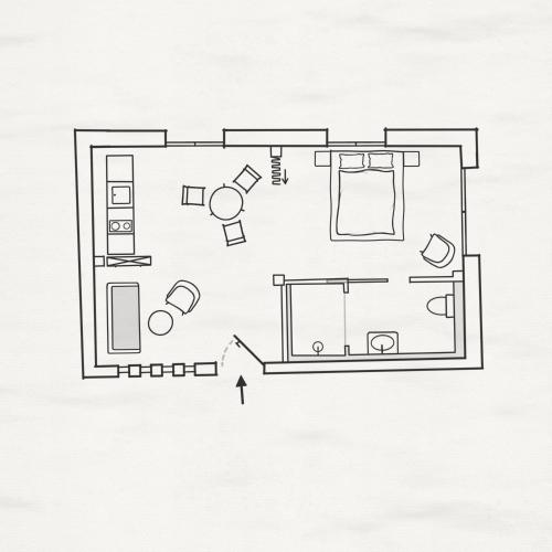 a floor plan of a bedroom and a living room at Engelwirt Hotel & Apartments in Berching