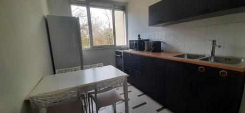 - une cuisine avec un comptoir, un évier et une table dans l'établissement Vallée de la Saône T3, à Fontaines-sur-Saône