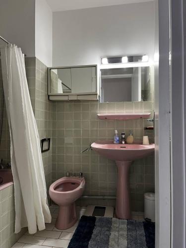 La salle de bains est pourvue d'un lavabo rose et de toilettes. dans l'établissement AppartementT2 vue panoramique 4ARAX31 Superb loft with panoramic sea view, à Canet