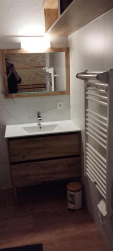 une salle de bain avec un lavabo et un miroir dans l'établissement Studio à 300M des pistes, à Saint-Jean-dʼAulps