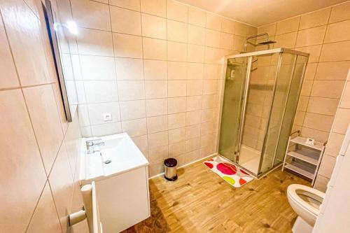 une salle de bain avec une douche, un lavabo et des toilettes dans l'établissement Paolina - Terrasse Parking Clim wifi - by TGB, à Ajaccio