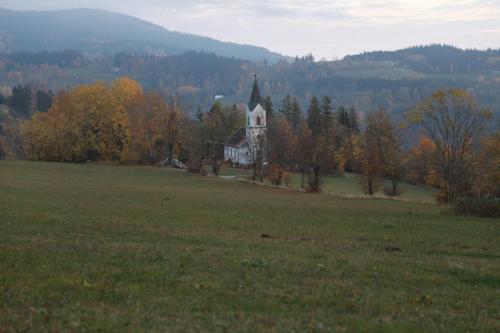 a church in the middle of a field with trees at U Fary in Jestrabi V Krkonosich