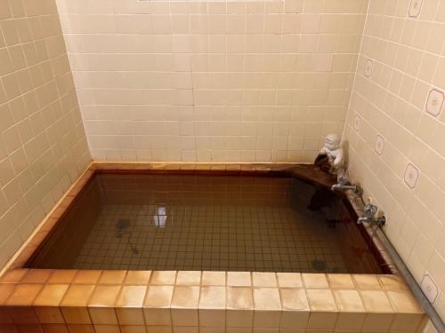 a bathroom with a bath tub with a tiled floor at TERUKA白いテラスHakuba in Hakuba