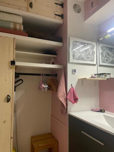 a kitchen with a sink and a shelf and a counter at Studio chaleureux 25m2 100m du centre 3-4 personnes in Vars