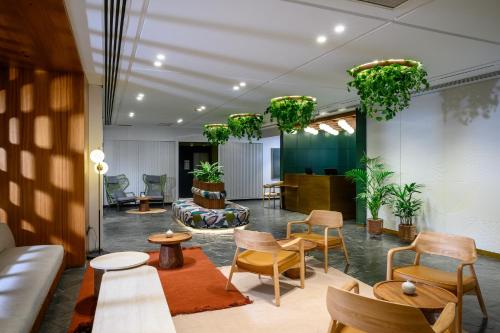 an office lobby with chairs and tables and plants at Prima Vera in Jerusalem