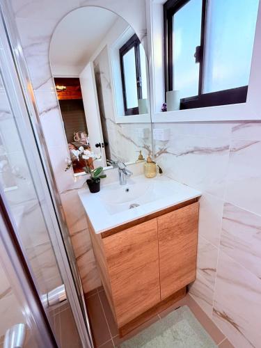 a bathroom with a sink and a mirror at Blissful Wooden Haven - complete place is yours 5 min drive or train from parramatta in Wentworthville