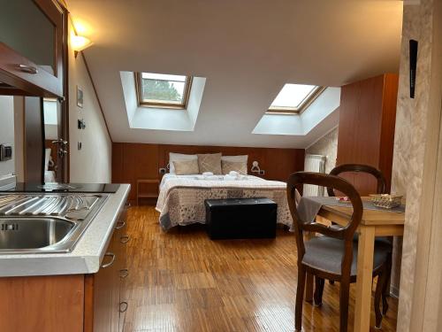 a kitchen and a bedroom with a bed with skylights at Aurelia Garden Gold B&B in Rome