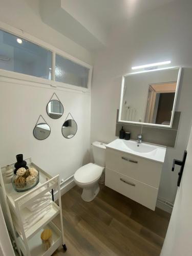 une salle de bain blanche avec des toilettes et un lavabo dans l'établissement Appartement cosy entre Paris et Disneyland Paris, à Villiers-sur-Marne