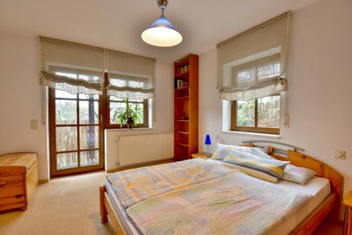 Un dormitorio con una cama y dos ventanas. en Ferienwohnung Ottilie Goldlauter, en Suhl