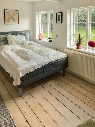 Un dormitorio con una cama y dos ventanas. en Historic Skipper Farm Near Nordby Hills And Beach, en Nordby