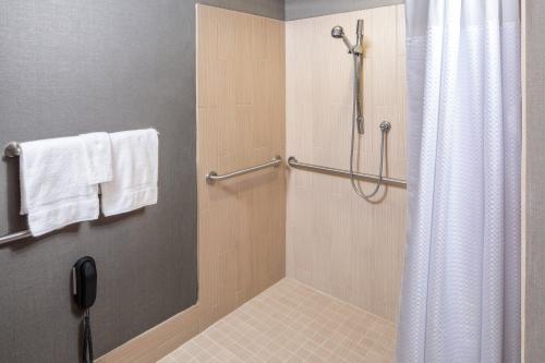 a bathroom with a shower with a shower curtain at Courtyard by Marriott Houston Medical Center/NRG Park in Houston