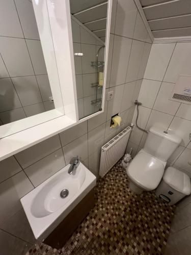 a bathroom with a sink and a toilet and a mirror at Haus Alpenglühn in Abtenau