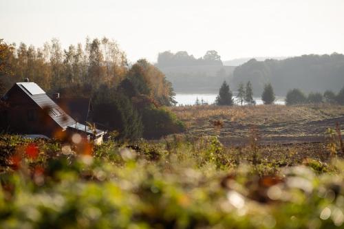 a barn in a field with a lake in the background at Dadajowa Osada - Dadaj in Biskupiec
