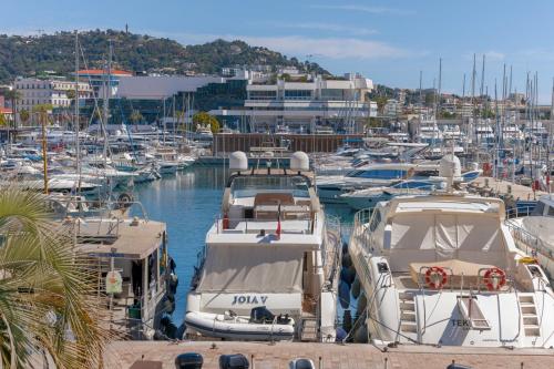 un groupe de bateaux amarrés dans un port de plaisance dans l'établissement L'HONORAT vue mer et port, à côté des plages du Midi et proche du Palais, à Cannes