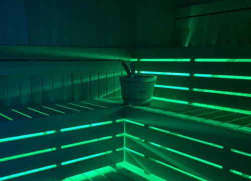a plant in a pot in a room with green lights at Henry Resort & Spa in Golem