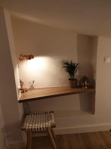 une étagère avec une plante et une lampe sur un mur dans l'établissement Joli Appart Climatisé Hyper Calme Quartier Mairie, à Aix-en-Provence