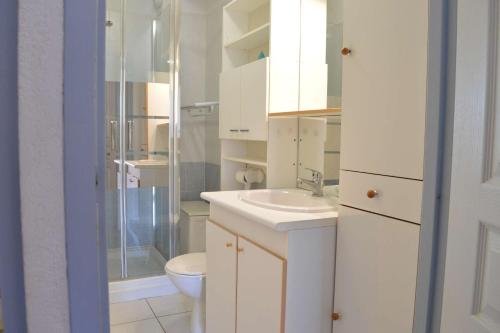 une salle de bain avec toilettes, lavabo et douche dans l'établissement SP480-165 Maison 2 pièces mezzanine SAINT PIERRE LA MER, à Saint Pierre La Mer