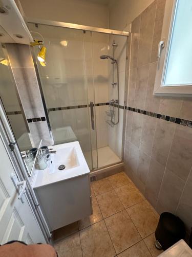une salle de bain avec un lavabo et une douche dans l'établissement Appartement avec balcon, 5 min du Métro 1-6, Nation, Disneyland, Zoo, Bois de Vincennes, à Paris