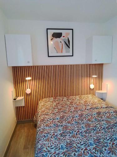une chambre avec un lit et un tableau au mur dans l'établissement SP490-039 Appartement 2 pièces SAINT PIERRE LA MER, à Saint Pierre La Mer