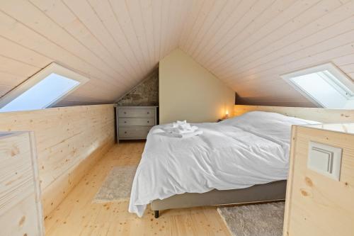 a bedroom with a bed and two skylights at Loft avec vue sur la Cathédrale de Fribourg in Fribourg