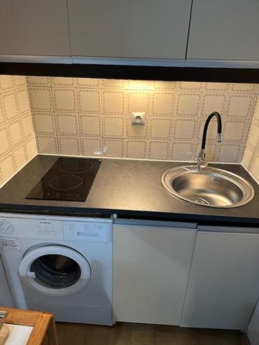une cuisine avec un évier et une machine à laver dans l'établissement SP490-157 Appartement 2 pièces mezzanine SAINT PIERRE LA MER, à Saint Pierre La Mer
