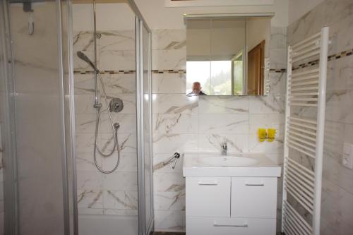 a bathroom with a shower and a sink at Appartements Gärtner in Bichlbach