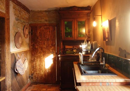 a kitchen with a sink and a wooden wall at 200 Years of History in Woldenberg Neumark