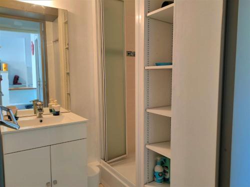 une salle de bain avec un lavabo et un miroir dans l'établissement Appartement 2 pièces Cabine - 6 personnes AR070-019, à Argelès-sur-Mer