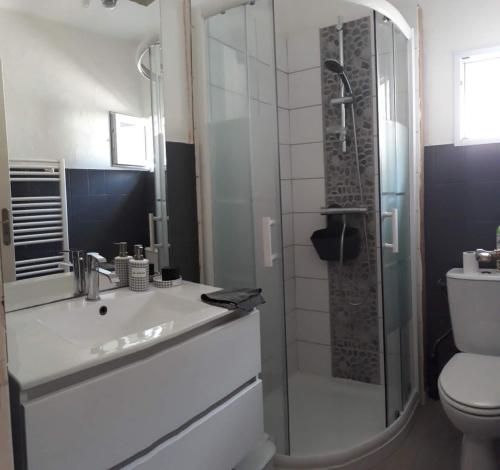 une salle de bain avec une douche, un lavabo et des toilettes dans l'établissement Opale les pins, à Camiers