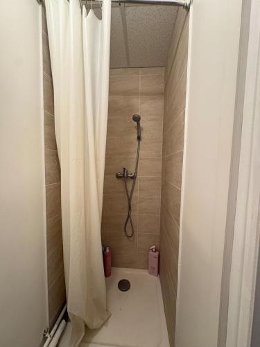 une douche avec un rideau de douche dans une salle de bain dans l'établissement Cozy Room Nearby Champs Elysées 6, à Paris