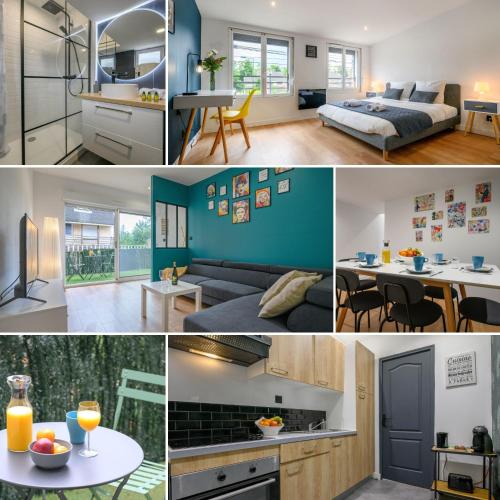 un collage de photos d'une chambre et d'un salon dans l'établissement Le Louvre Lens - Premium - Wifi - Balcon & Parking, à Lens