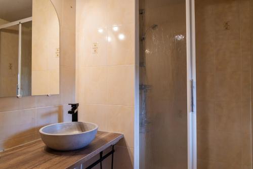 a bathroom with a bowl sink and a shower at Gite du regourdel avec spa in Chirac